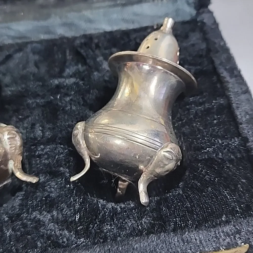 Vintage Silverplate Salt & Pepper with Tray and Crushed Velvet Case